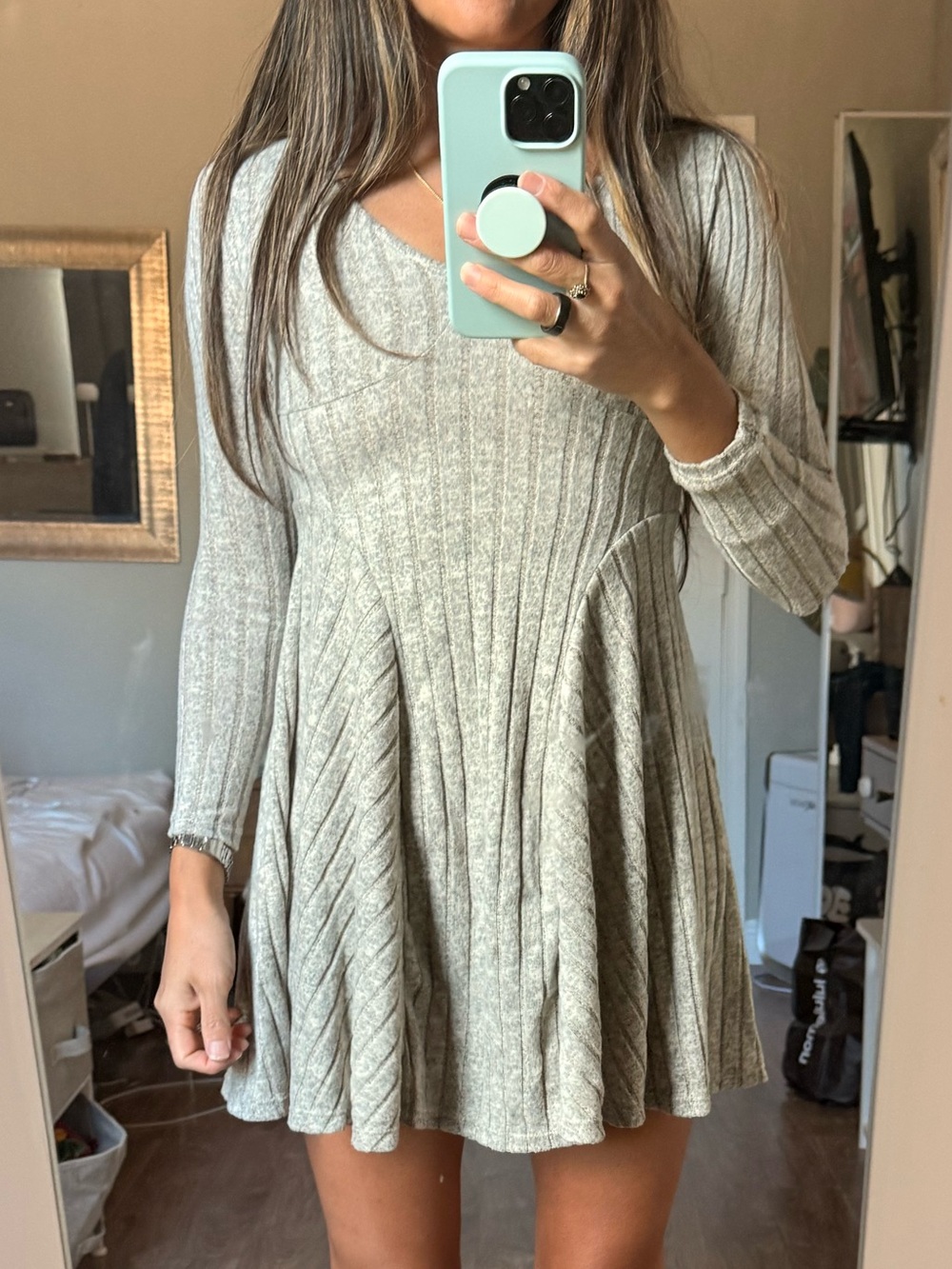 HALARA Light Gray Ribbed Fit-&-Flare Mini Dress